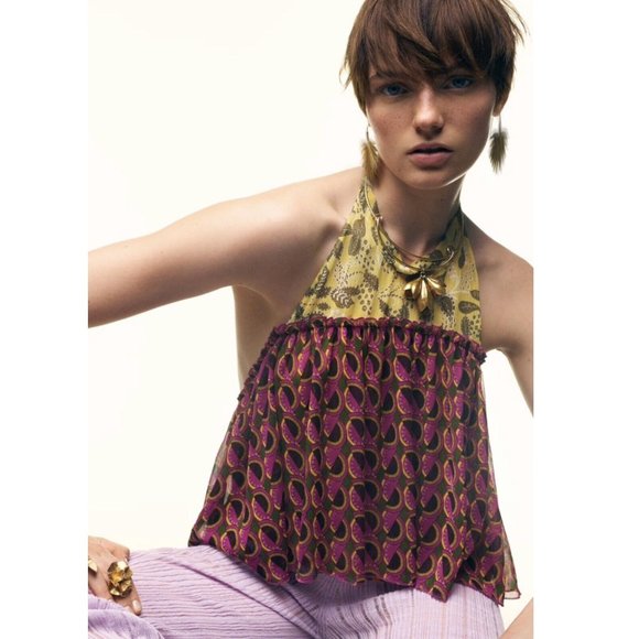 NWT - Zara Boho Peplum Halter Neck Top - Picture 3 of 10